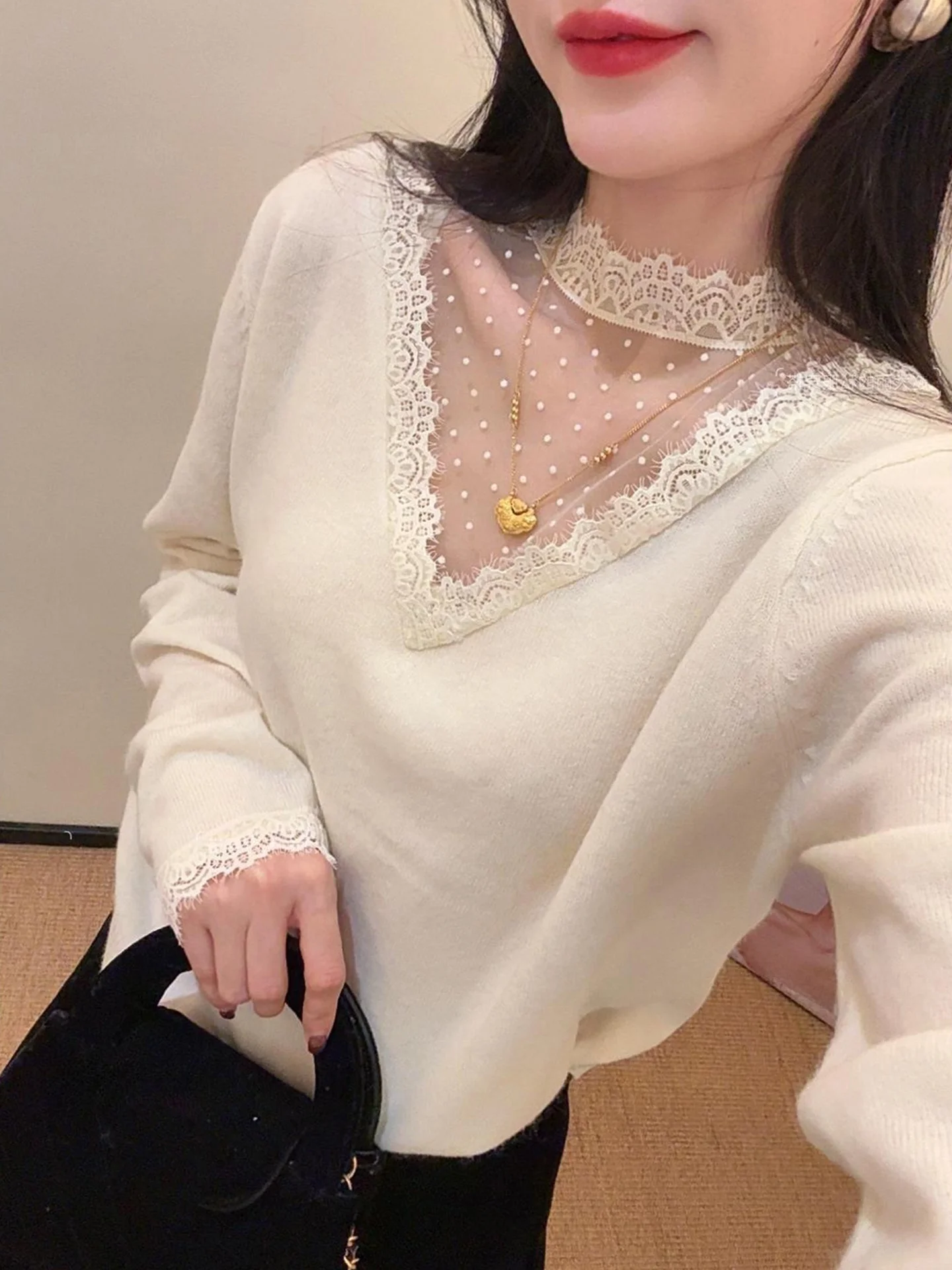 

Lace Splicing Lazy Knitted Sweater Women's Camere Base irt Winter Faion Casual Sle Pure Desire Inner Wear Top