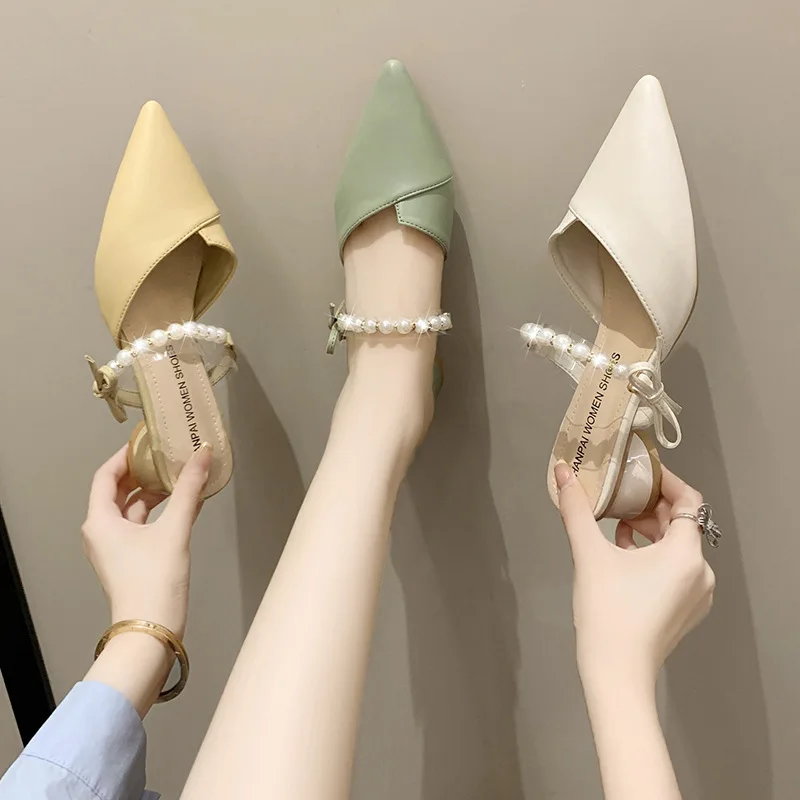 Fashion Baotou Half Slippers sandals Female Summer Outdoor Pearl Pointed Thick Heel High Heels Slippers Chaussure Femme