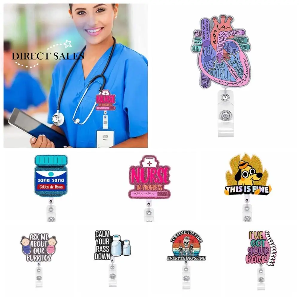 Glitter Nurse Retractable Badge Reel Acrylic Letter Name Card Holder ID Card Clips Work Card Clips Hospital Badge Holder