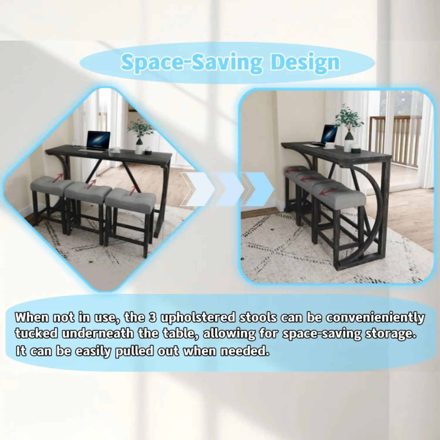 Farmhouse Counter Height Dining Set - Wood Table with Outlet & 3 Upholstered Stools, Black