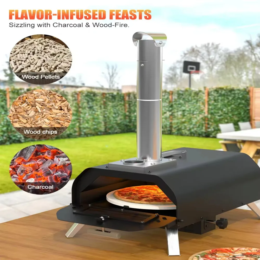 Multi-Fuel Manual Rotating Wood-Fired Pizza Oven - Portable Stainless Steel Chimney, Wood Pellet, Camping/Backyard