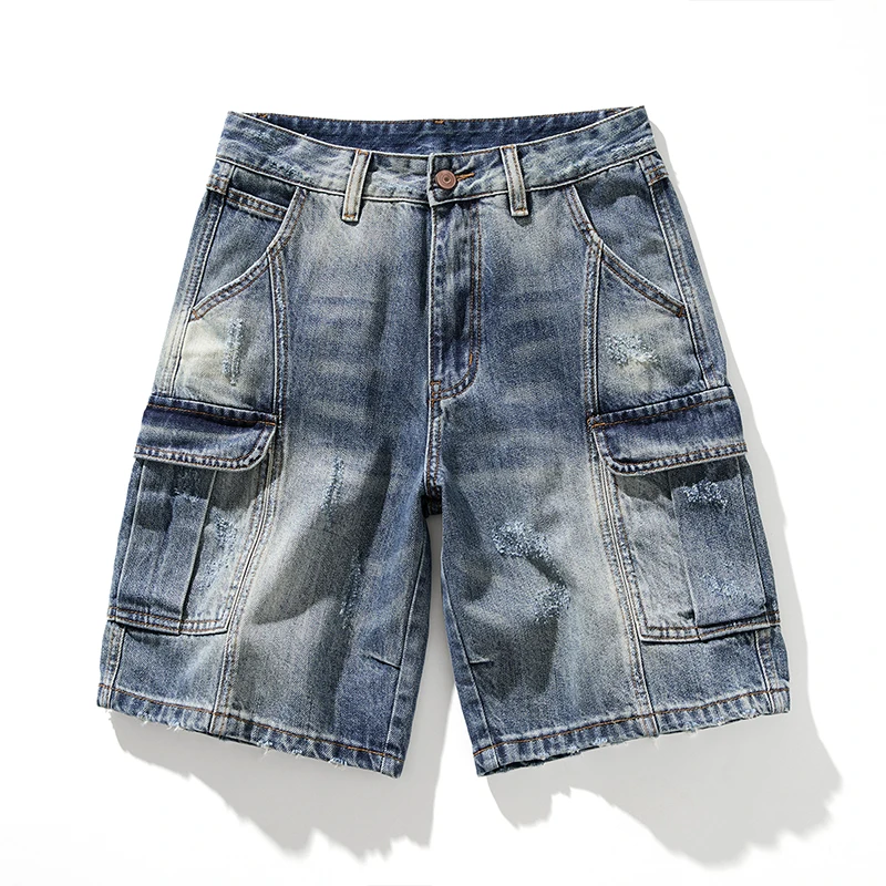 

KSTUN Men Summer High-End Multi-Pocket Cargo Denim Shorts 2026 New Retro Washed Loose Straight Mid Length Pants Patchwork