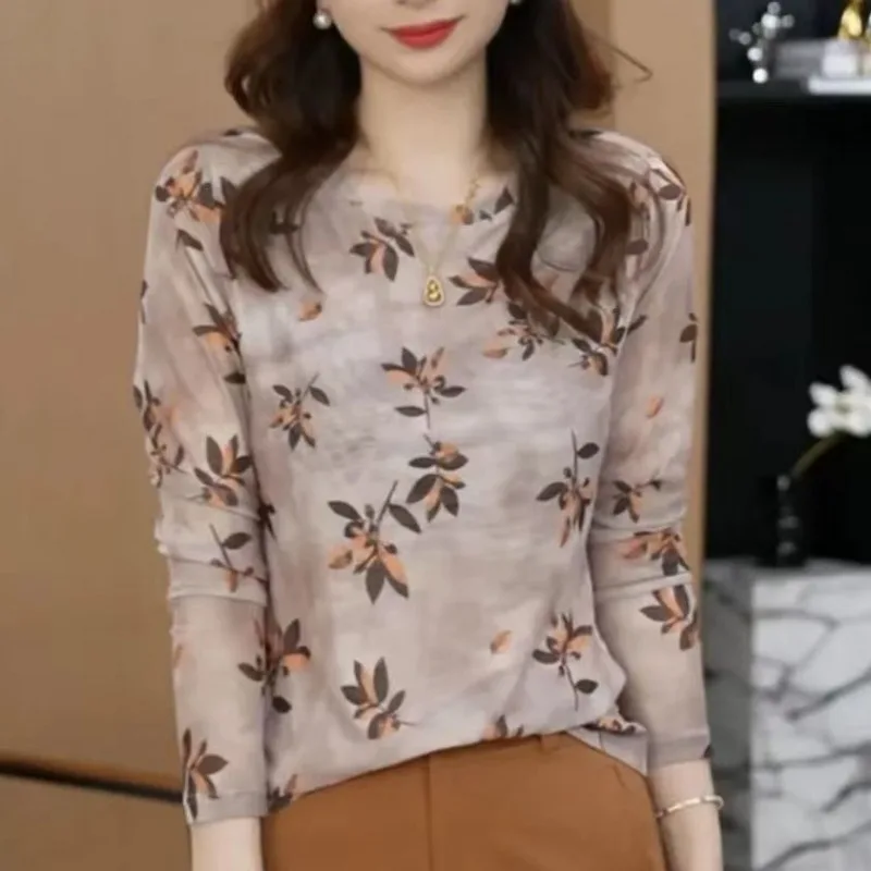 

Mesh Round Neck Long-sleeved Shirt for Women Breathable Double-layer High-end Versatile Pullover Fashionable Temperament Tops