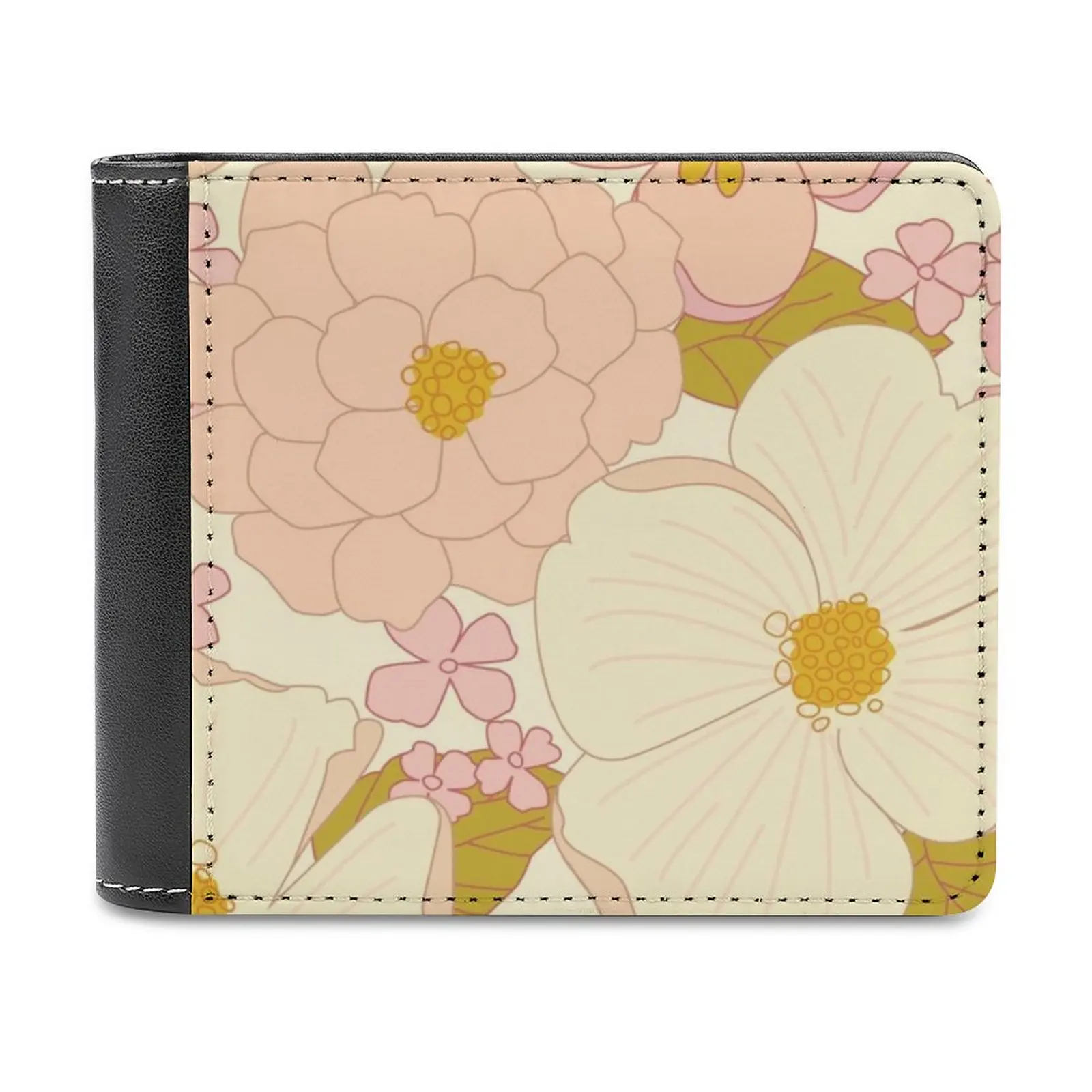 

Pink Pastel Vintage Floral Pattern Leather Wallet Men's Wallet Purse Money Clips Pink Ivory Pastel Green Flowers Floral Retro