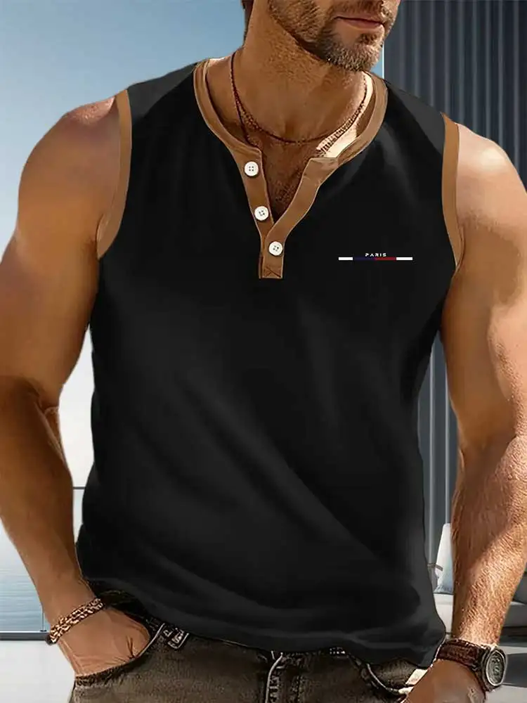 Men Henley Sleeveless T-shirt, Contrast Color Neckline & Armhole Binding, Letter Stripe Graphic Button Casual Workout Tank Top