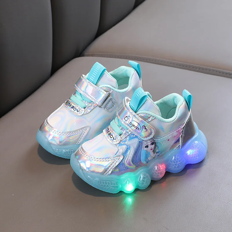 Princess Shoes Frozen Girls\' LED Sneakers Children\'s lighting shoes Cartoon Cute Girl Learning Walking Casual Shoes