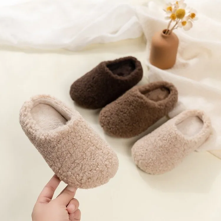 Children's Warm Furry Slipper Fur Flip Flops Low Cozy Indoor Kids Slippers 2026 Snow Boots Warm Fluffy Rome PU Mueller Shoes