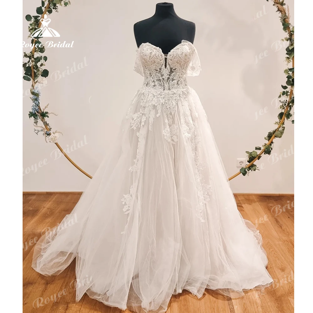 Roycebridal 여성용 오프 숄더 레이스 아플리케 웨딩 원피스, 2024 신부 가운, 모자 슬리브