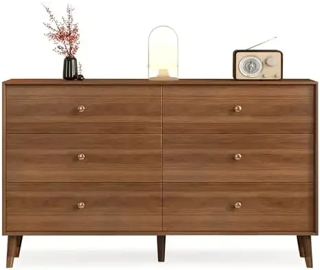 6 Drawer Dresser for Bedroom, 47 Inch Walnut Dresser for Closet, Mid Century Wood Chest of Drawers with Natural Texture