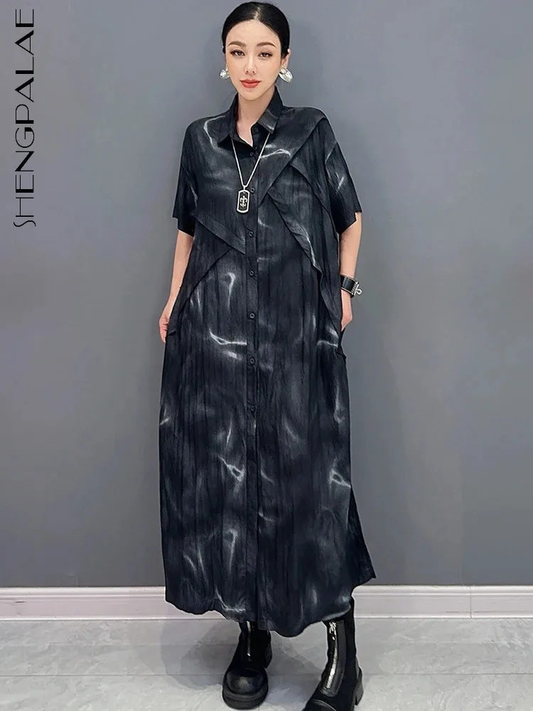 SHENGPALAE Women's Short Sleeve Shirt Dress Printed Splitting Casual Fashion Elegant Robe Female Clothes 2024 Summer New 5R9924