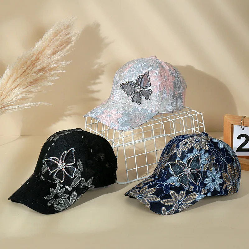 Spring and Summer Lace Rhinestone Butterfly Cap Sunshade Sunscreen Baseball Cap Women Net Yarn Breathable