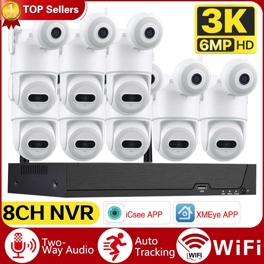 H.265 3MP 6MP Wireless CCTV System Two Way Audio Waterproof PTZ WIFI IP Security Camera 8CH NVR Video Surveillance Kit Icsee APP