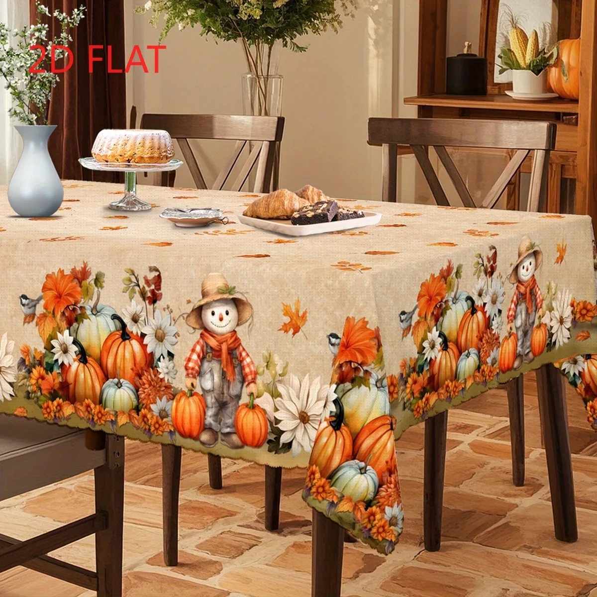 Tablecloth 1 piece 2d flat with autumn maple leaves, pumpkins, straw man, sunflowerzyc
