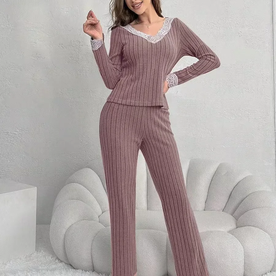 

2024 Autumn New Two-piece Suit for Women Fashion Casual Temperament V-neck Lace Stripe Suit Sleepwear Women