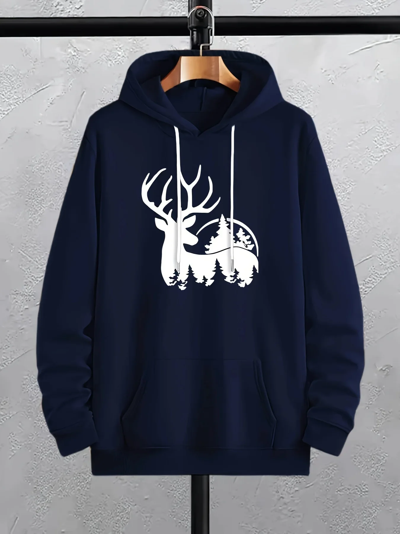 Sudadera con capucha con estampado frontal de gráfico de naturaleza, montaña, árbol de pino y ciervo, color blanco, unisex, para invierno, informal, para exteriores