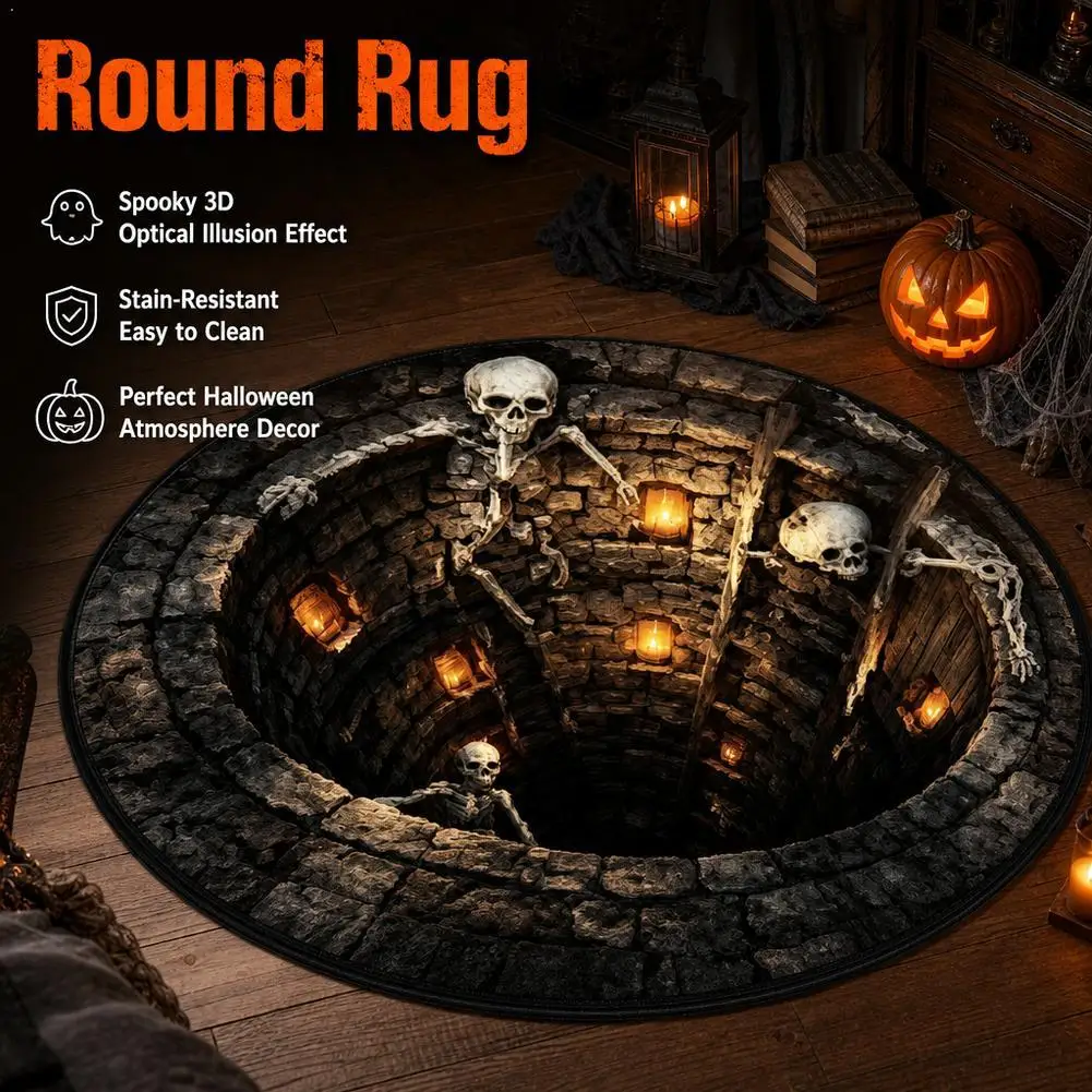 Halloween Optical Illusion Rug Skeleton Hole Round Carpet Non Slip Plush Floor Mat Living Room Bedroom Party Decor