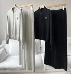 Women's Pants Suit Cashmere Beaded Stand Collar Knitted  Cardigan Jacket + High waist Wide-leg Trousers 2-Piece Set Autumn Winte