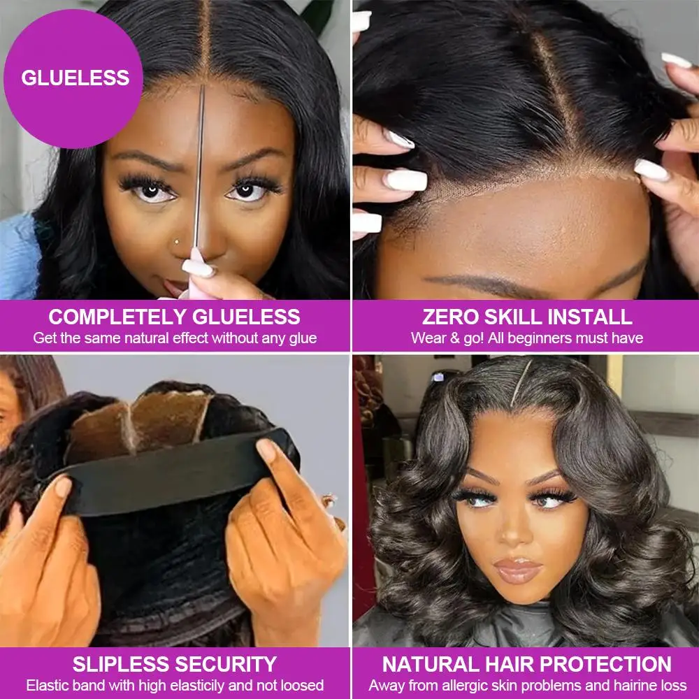 Kleberlose Kurze Bob-Perücke mit Körperwelle, Echthaar, sofort tragbar, 250% brasilianisches Haar, 13x6 HD-Spitzenfrontperücke für Frauen, vorgezupft – Detail 5
