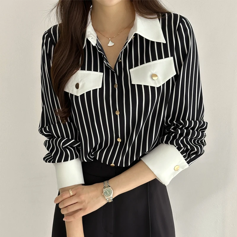 

Office Lady Women's Blouses Striped Casual Shirts Fashion Loose Spring/Summer Polo-neck Clothing Long-sleeved Korean Women Tops