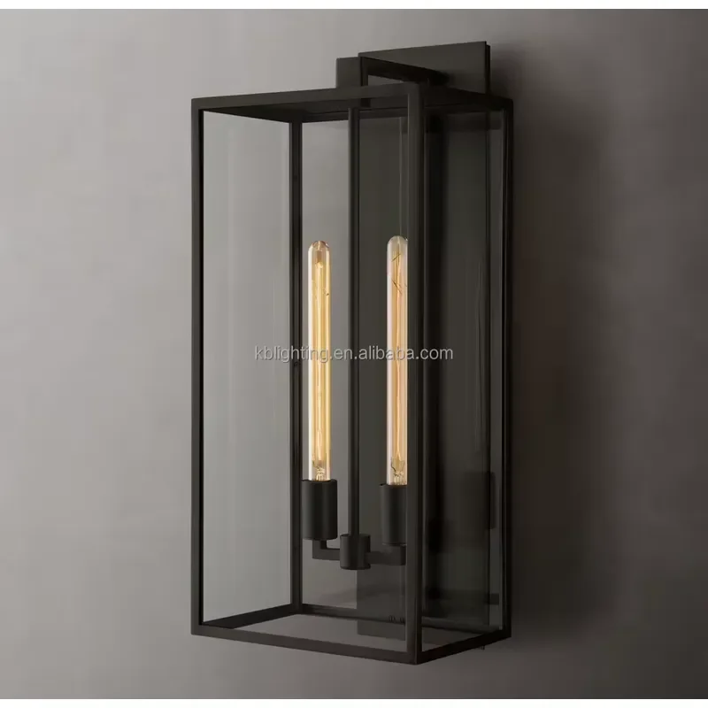 Antique Solid Brass Wall Light American Design Loft Retro Home Villa Black Exterior Waterproof Lantern Glass Wall Sconce
