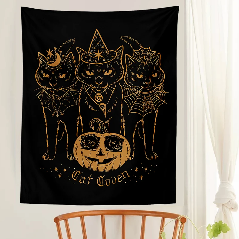 Cat Divination Witchcraft Tapestry Wall Hanging Mysterious Cat Coven Tapestries background poster Home Wall Black Cool Decor