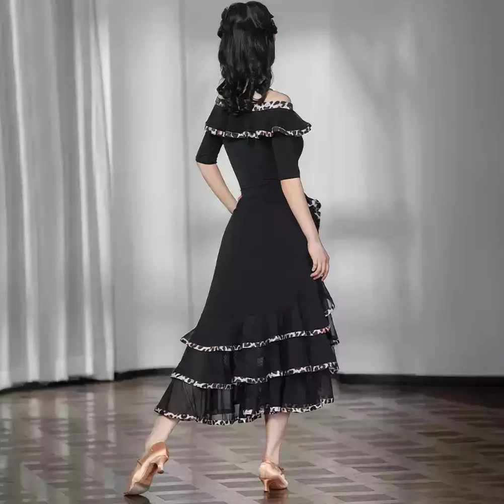 Women's Practice Ballroom Dance Dress New Ballroom Dance Line Collar suit Short-sleeved Shirt Dress Leopard Print Stage Dress