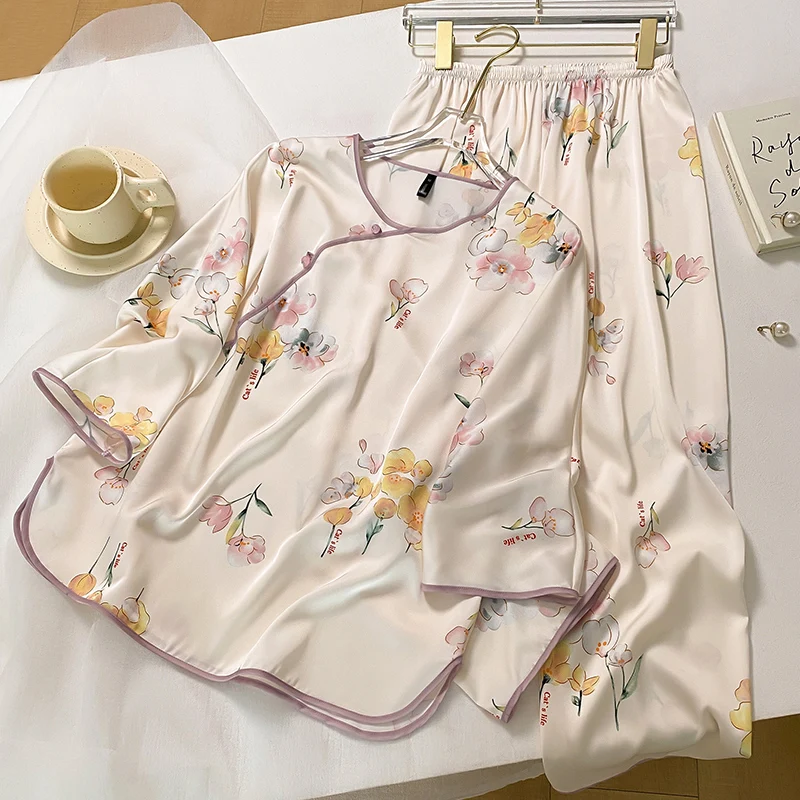 Women's New Chinese Silk Pajamas, Spring and Autumn Styles, Medium Sleeves Loungewear Suits for Outdoor Summer Wear XL Size