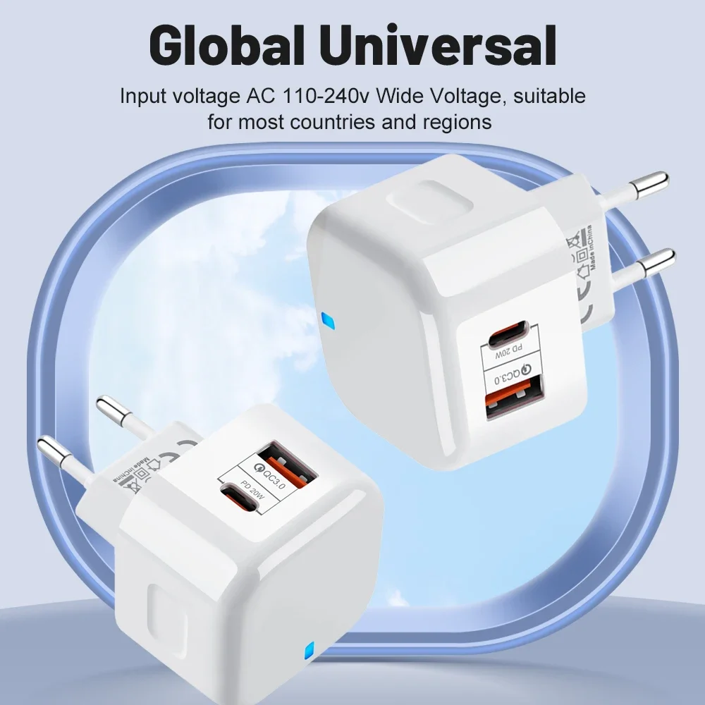 1Pcs 20W PD Dual Ports Wall Charger Type-C USB C Phone Fast Charger Super Quick Charging Power Adapters EU/US/UK Plug For iPhone