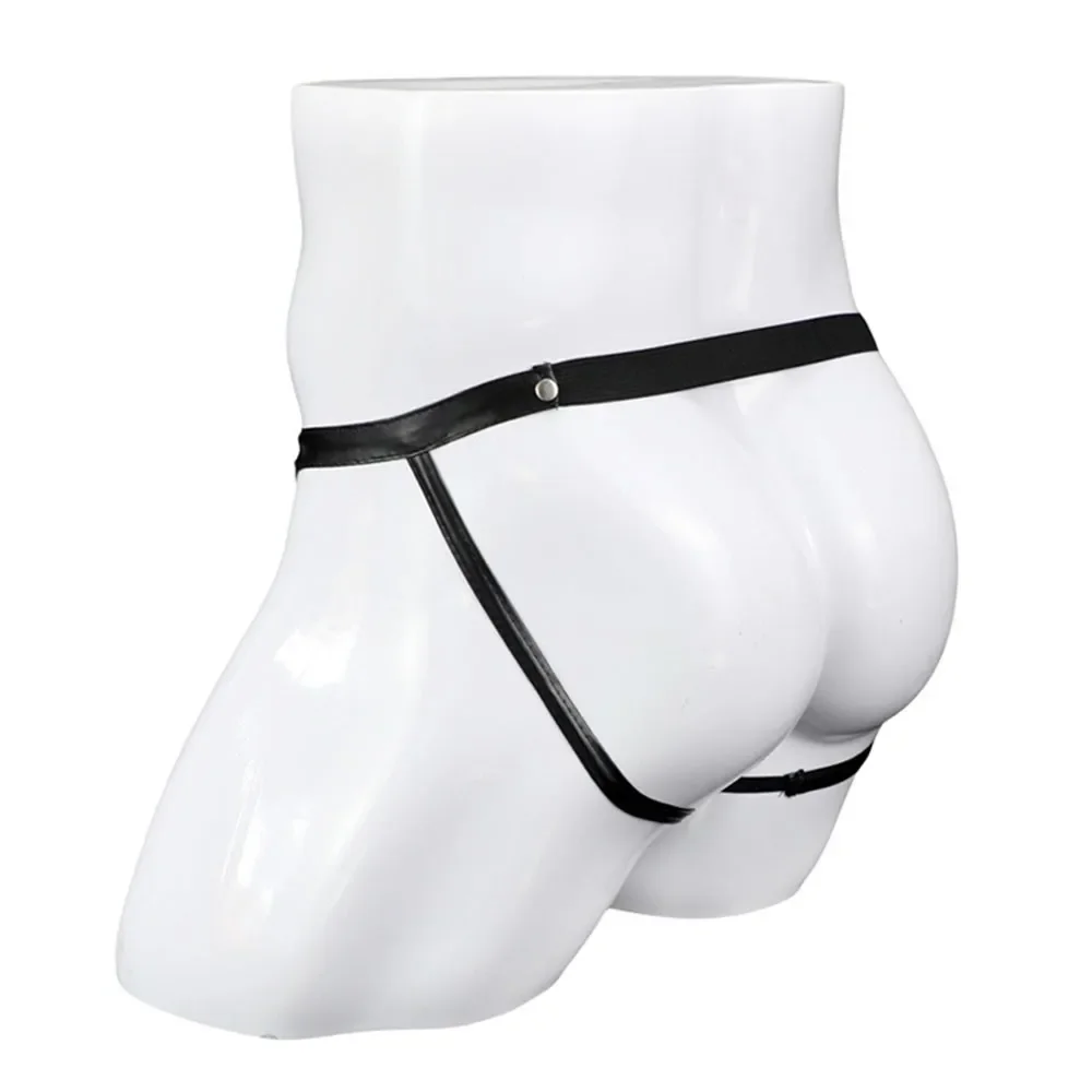 Sexy Exotic Black Artificial Leather Metal Ring Thong Jock Strap Underwear Pump Man Low-Rise Shorts And Underpants For Men