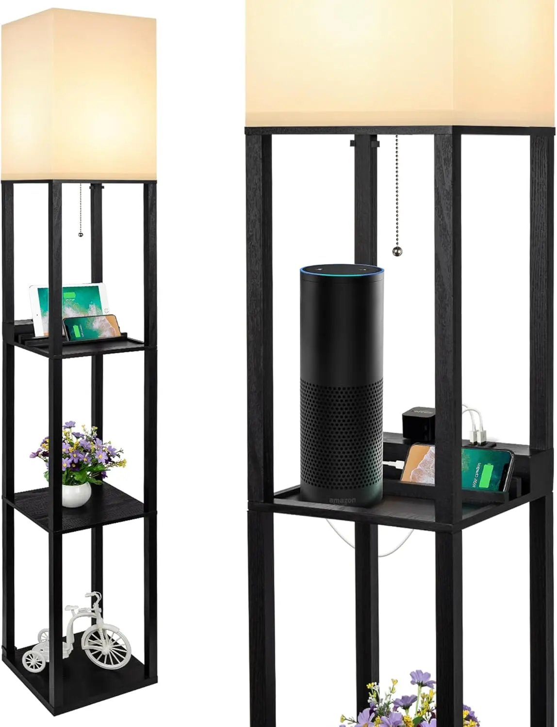 

3-in-1 Shelf Floor Lamp with USB, Type C & AC Outlet, LED Bedroom Light, Modern Standing Storage Lamp