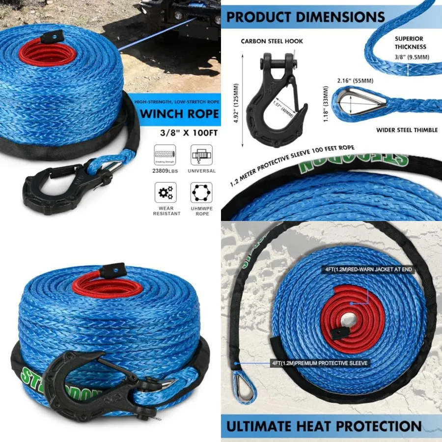 

Synthetic Winch Rope, 3/8" x100ft 23809LBS Dyneema Winch Rope 3/8 Heavy Duty Winch Cable with Protective Sleeve Forged Winch Hook for 4WD Off Road Vehicle Truck SUV (Blue)