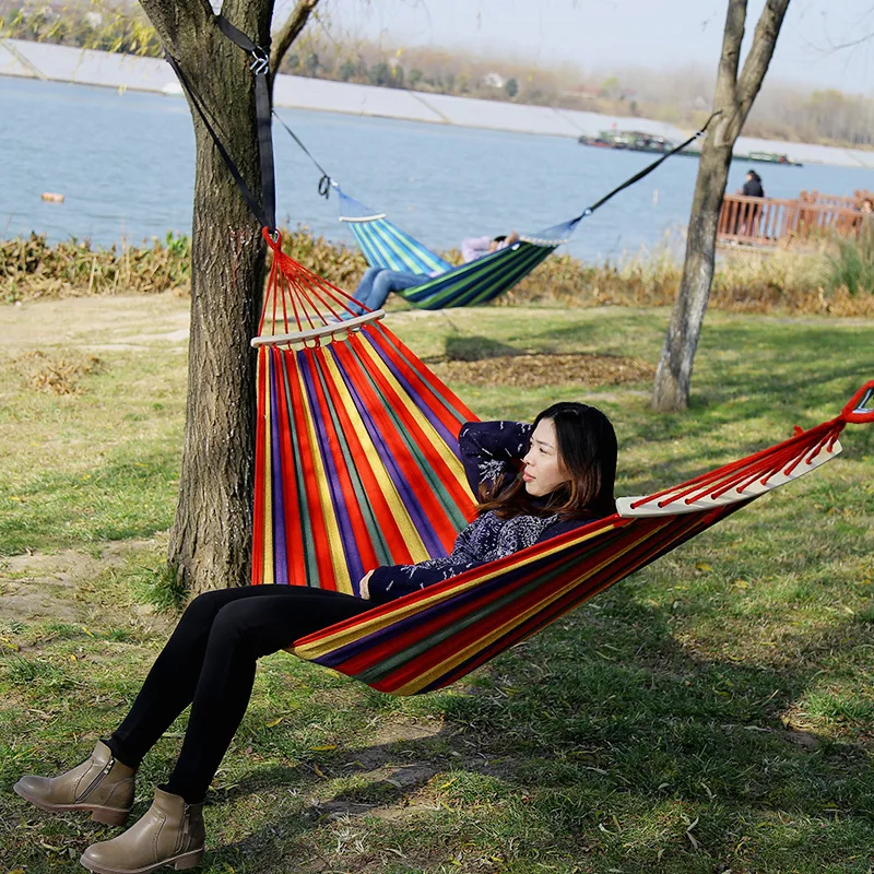 Outdoor Camping Indoor Swing Thickened Colored Strips Adult Double Anti-rollover Canvas Hammock No Wooden Sticks image 5