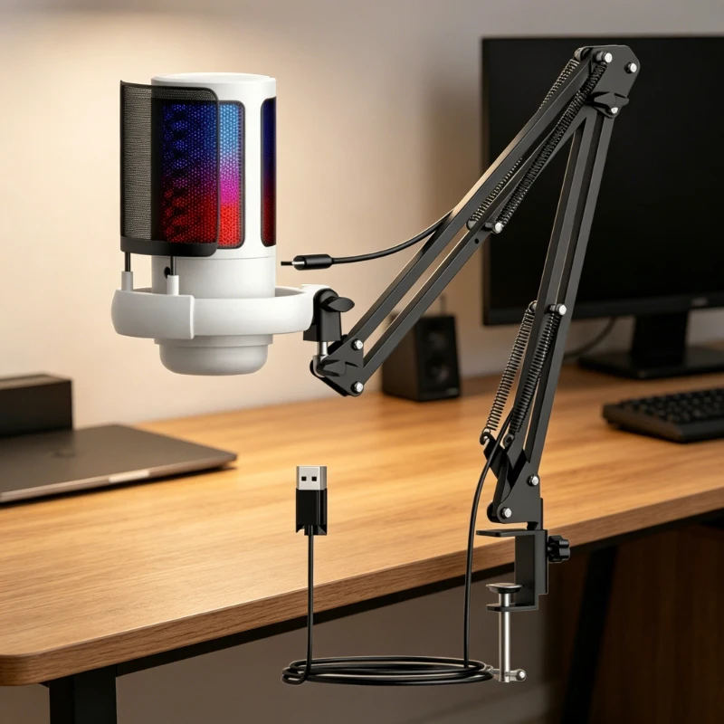 2026 New RGB Gaming USB Microphone with Boom Arm, Condenser Mic for Streaming Podcast Recording, Noise Cancelling