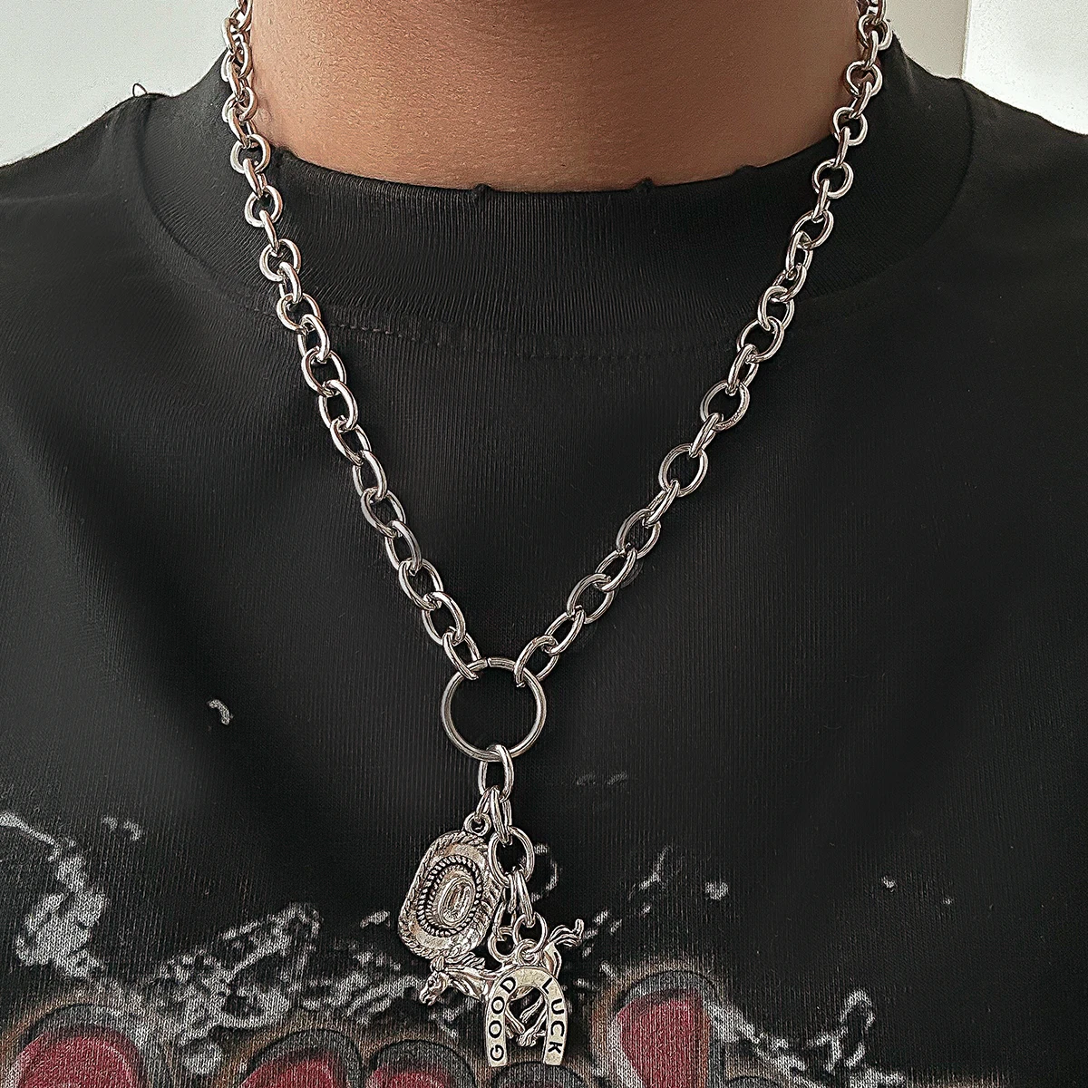 SHIXIN Hip Hop Cowboy Hat Horse Pendant Necklace for Men Punk Chunky Cross Chain Choker Male Street Jewelry Y2K Neck Accessories
