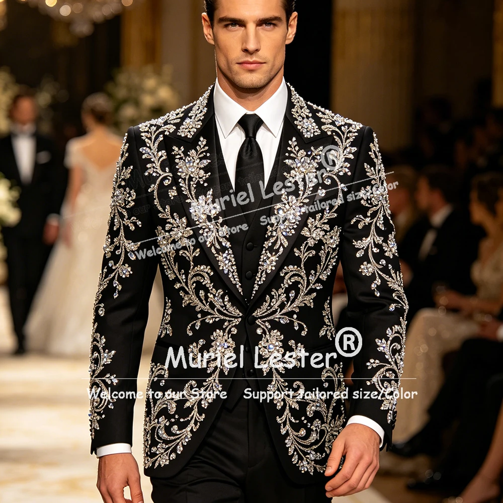 

Exquisite Suits Men Formal Wear Crystals Beading Prom Blazers Customized Male Fashion Tuxedos 3 Piece Sets Man Banquet Tuxedos