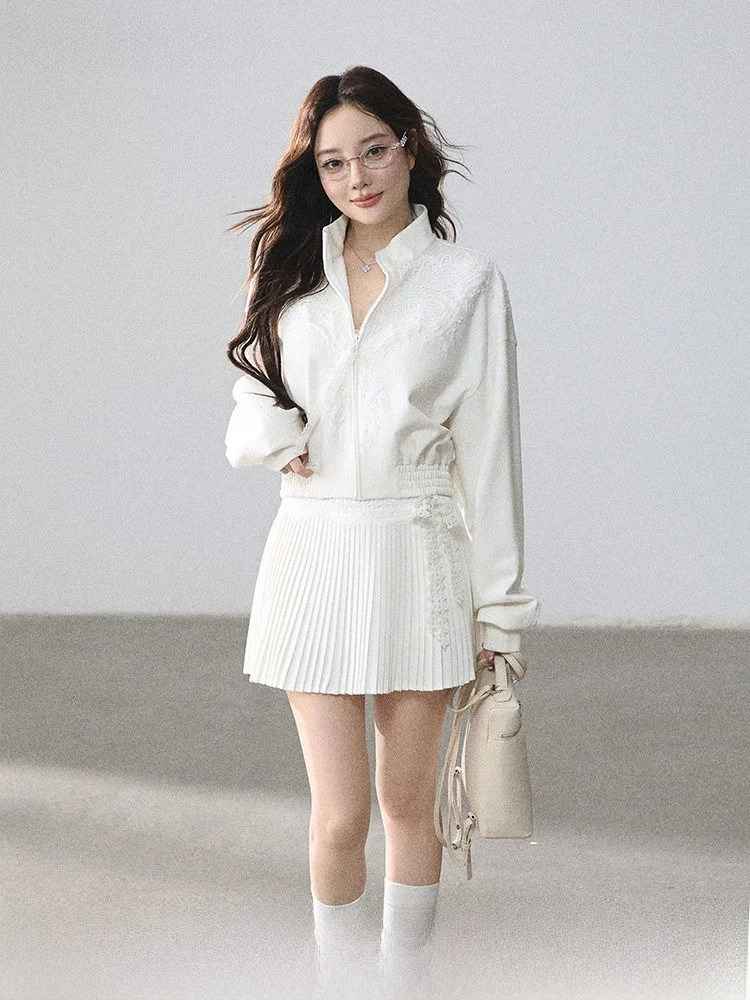 

Rebellious Urban Lulusmiracle Lace Jacket Coat Loose Pleated Skirt Set Spring Casual Style High Waist Cotton Blend Zipper