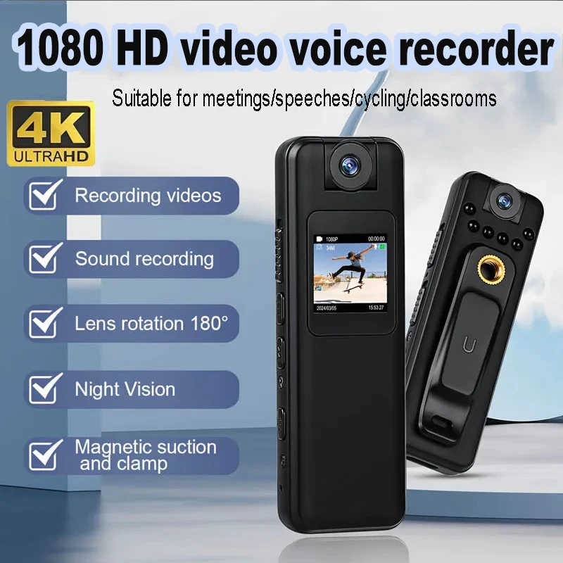 

Аудио-видеорегистратор, спортивная камера с записью видео 4k HD 180 ° Регистратор с вращающимся объективом, 64 ГБ, мини-камера ночного видения, 2025 г.