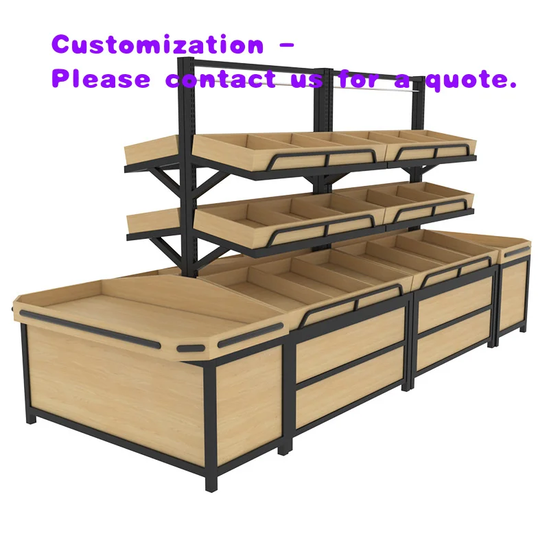 custom.Custom Double-Sided Heavy Duty Steel Wood Adjustable Back Fruit Vegetable Snacks Dried Fruit Display Shelves Rack Cabinet