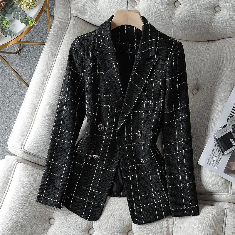 Blazers com seios duplos xadrez para mulheres, roupa casual de lapela, jaqueta simples que combina com tudo, chique para escritório, elegante