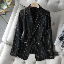 Blazers com seios duplos xadrez para mulheres, roupa casual de lapela, jaqueta simples que combina com tudo, chique para escritório, elegante glamouroso