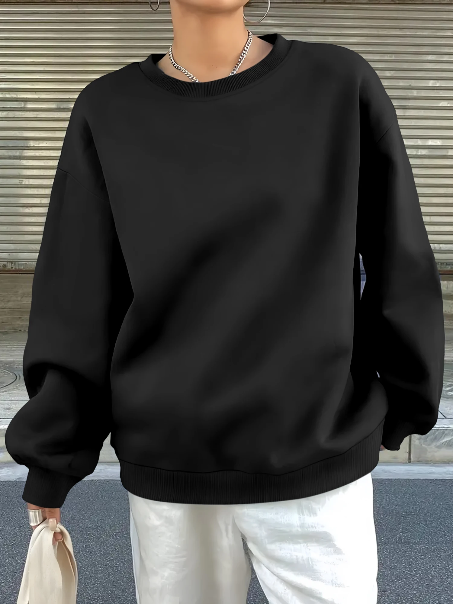 

Однотонный свитшот оверсайз с круглым вырезом в стиле бойфренд, стильный повседневный пуловер, универсальный топ для пар.