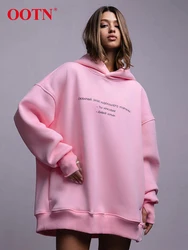 OOTN Letter Pink Oversized Pullover Hooded Womens Casual Solid Sweatshirts Autumn Winter 2024 Ladies Loose Tops Streetwear Black