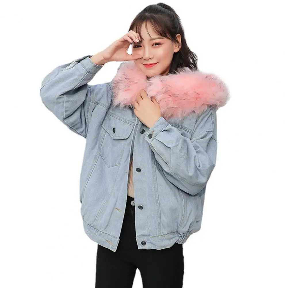 Warm Winter Jacket Women Denim Jacket Plush Winter Women's Jacket with Furry Hood Button Closure Flap Pockets for Warmth