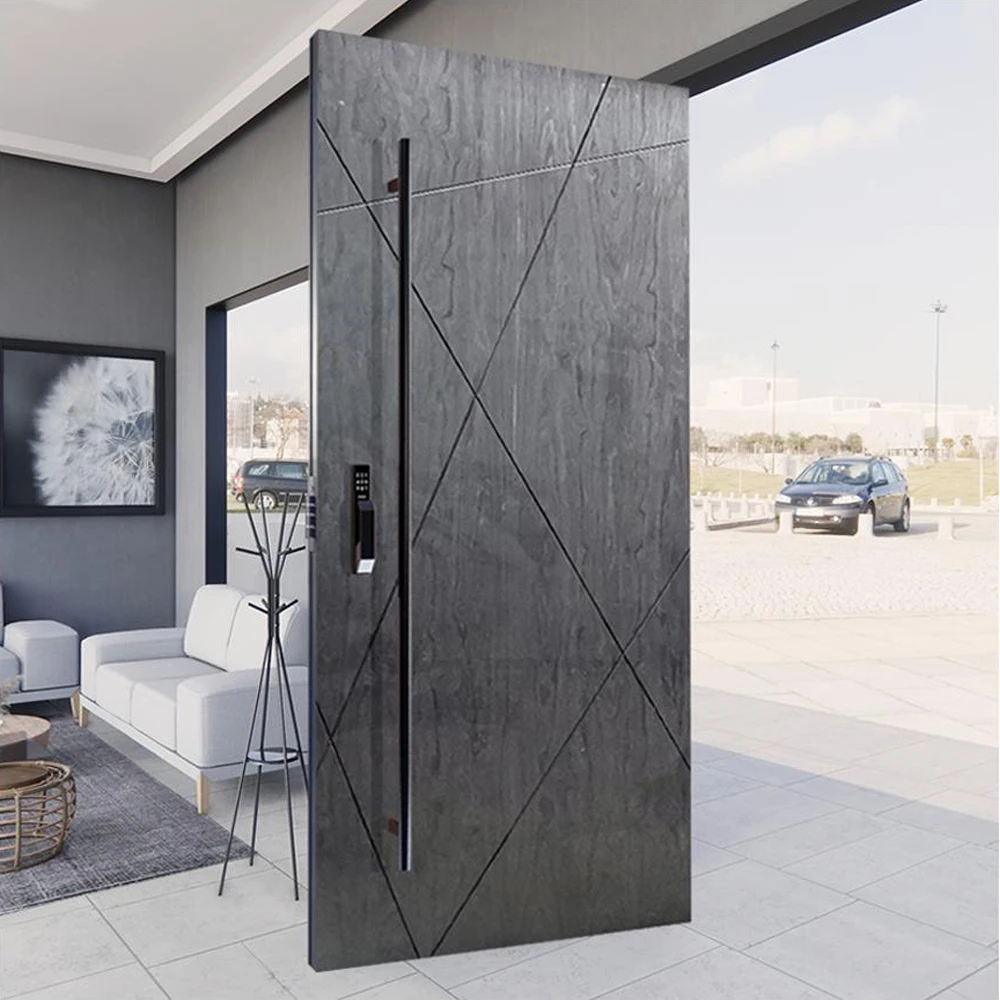 Hurricane Custom Villa Big Black Solid Wood Entry Modern Wooden Long Handle Front Entrance Pivot Door