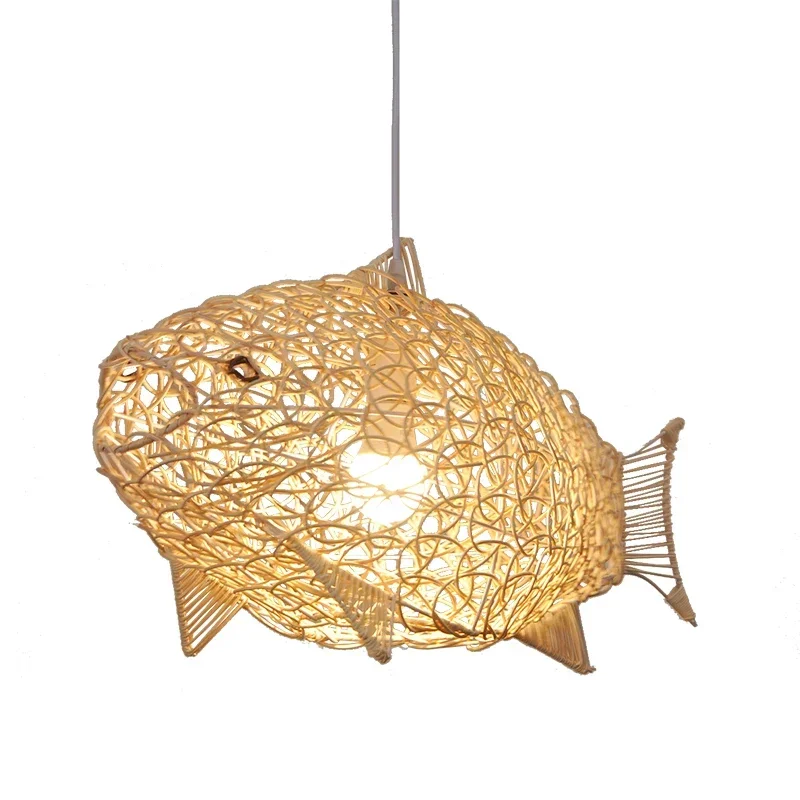 Lustre de peixe de vime simples e moderno restaurante personalidade criativa lâmpada em forma de peixe tecida à mão