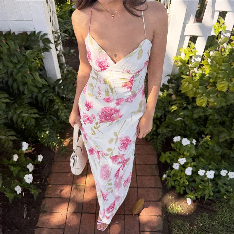 

Ticketsx Sexy Printed Lace Up Dress Fashion Women's Plunge Backless Patchwork Long Dress Elegant New Vacation Summer Sling Dress