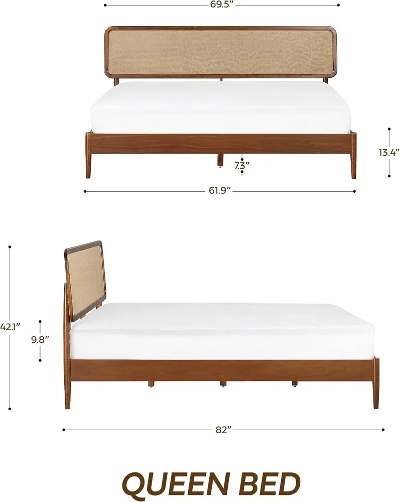 NTC Lupin Wooden Bed Frame with Headboard, Crafted from Walnut, Rubber Wood with Silent Slats and Wood Central Supports, 1000