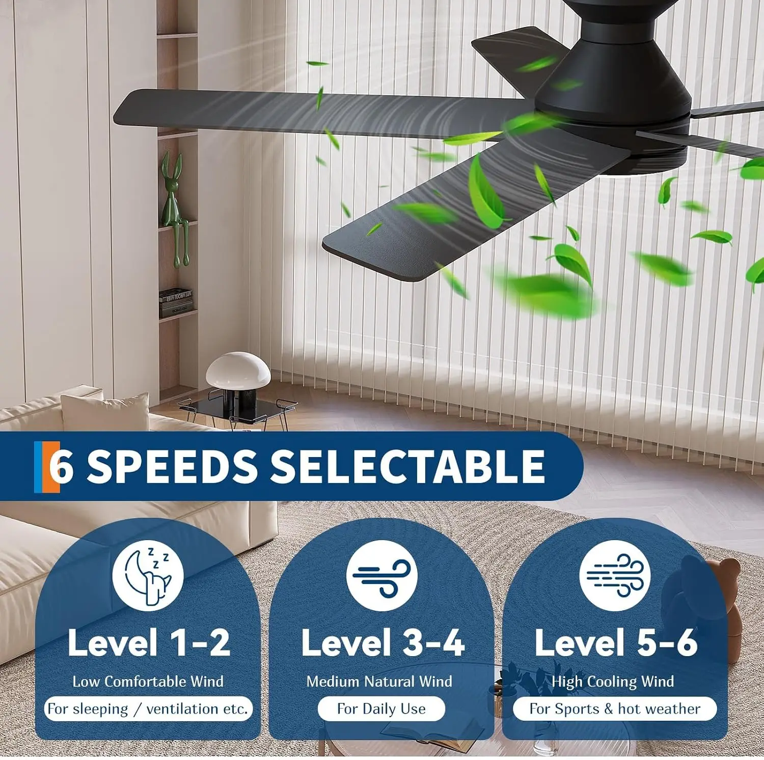 42/52" Low Profile Ceiling Fans with Lights and Wood Blades for Indoor/Outdoor | Remote Control, Flush Mount, 6-Speed, 5 Wood Blades, 3CCT Dimmable LED, Reversible Quiet DC Motor - view 6