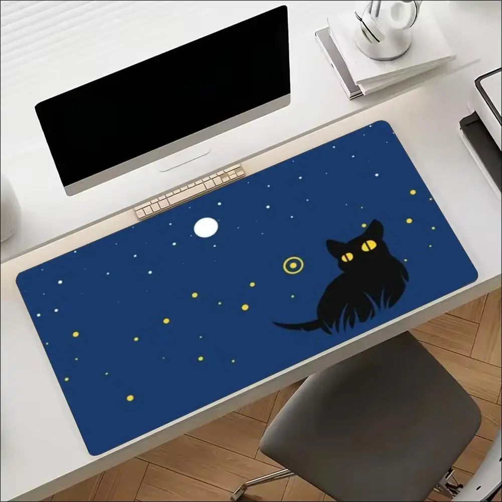 Large Desk Mouse Pad Cute Black Cat Moon Star Pattern Rubber Non Slip Extended Desktop Mouse Mat For Gaming Laptop Office Work