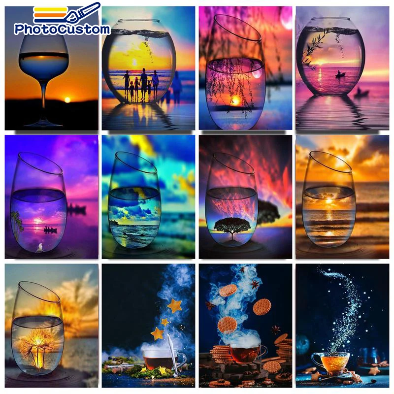 

PhotoCustom Cup Landscape Oil Painting By Number DIY With Frame On Canvas HandPainted Coloring Picture By Number Kit Home Decor